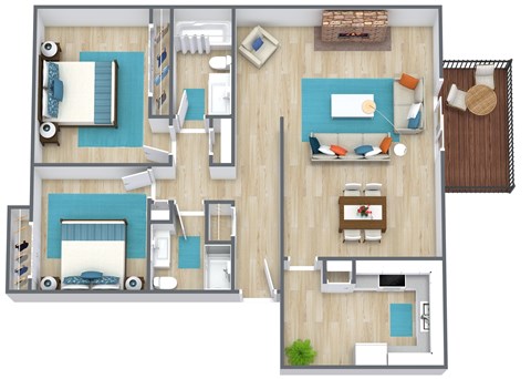Floor plan for 2 beds, 2 baths, 1000 sqft